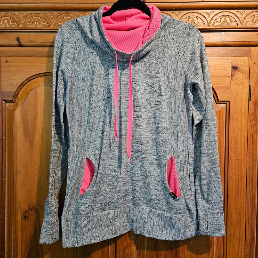 RBX Gray & Pink Drawstring Cowl Neck Pullover Sweatshirt Measures Size Small